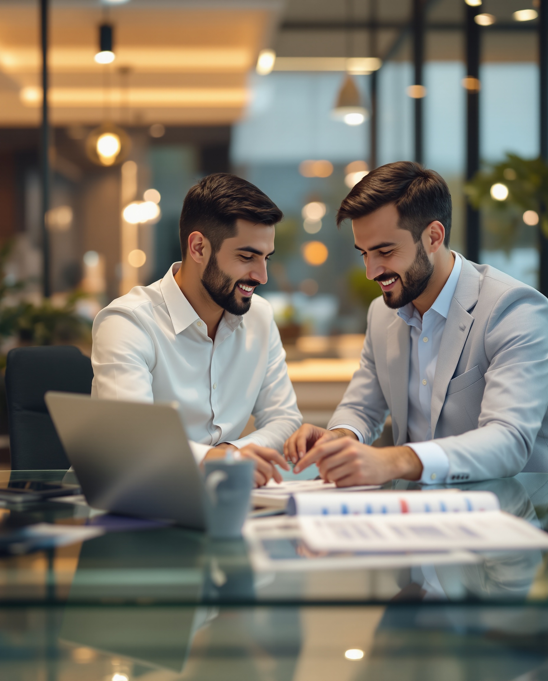Dos asesores hipotecarios colaborando en la oficina