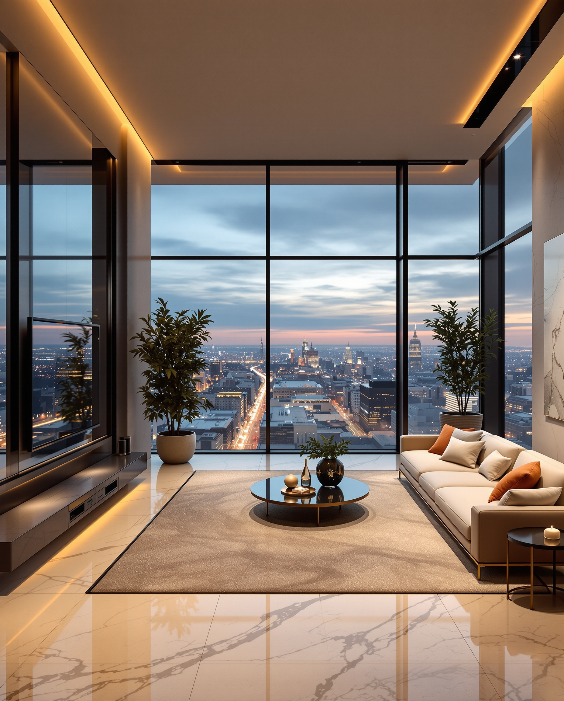 Interior de una vivienda moderna de lujo al atardecer